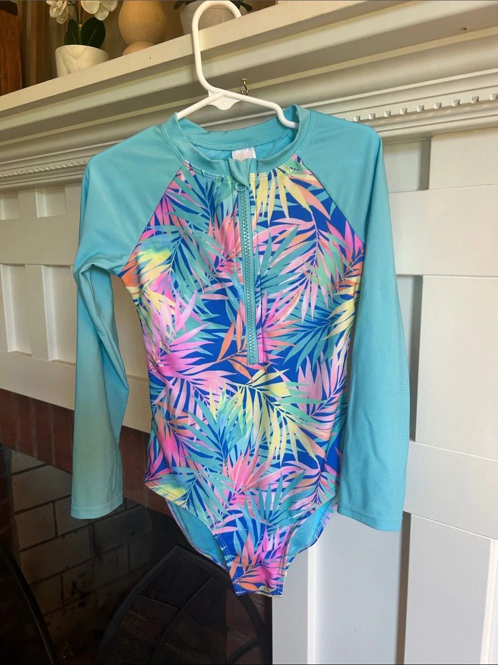 Girls Blue Tropical Palms Rashguard Swimsuit Size 6/7